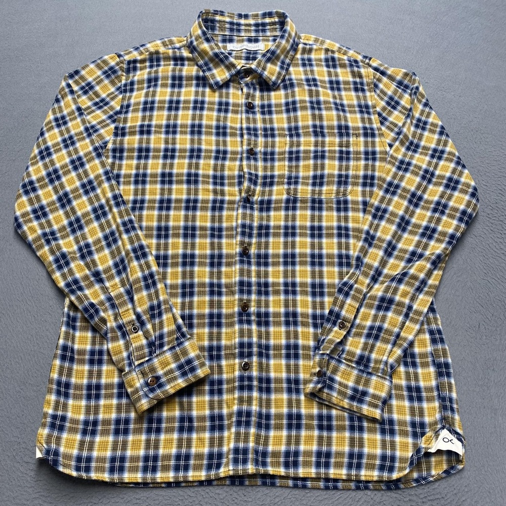 Outerknown Shirt Mens Large Yellow Blue Plaid Organic Cotton Flannel Long Sleeve
